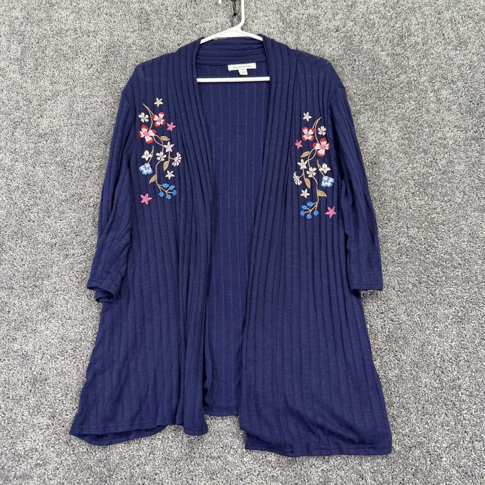 Studio Works Sweater Cardigan Womens L Blue Floral Embroidered Open 3/4 Sleeve